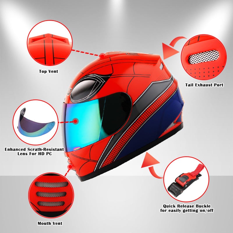 WOW Motorcycle Full Face Helmet Street Bike BMX MX Youth Kids Spider Red - Image 4